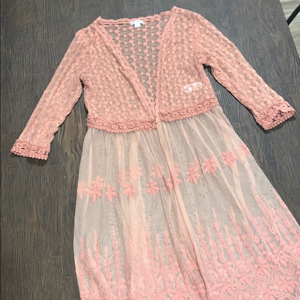 Peach/Coral Long Lace Cardigan